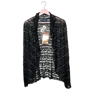 Susan Graver black Lace cardigan metallic embellishment‎ open duster blazer S